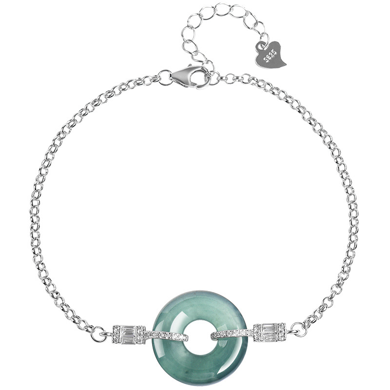 Bracelets - ブルーミャンマー翡翠リングブレスレット 925 シルバーギフトエメラルド宝石お守り天然ビルマ翡翠高級石ファッション