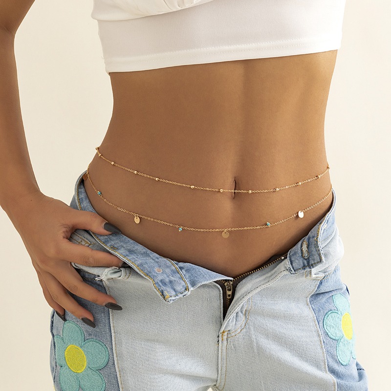 Body Jewelry - 女性用、繊細なデザインの重ね付け可能なウエストチェーン、ボディチェーン。ゴールドメッキのディスクとビーズのペンダント付き。夏のビキニパーティーにぴったりのボディジュエリー。