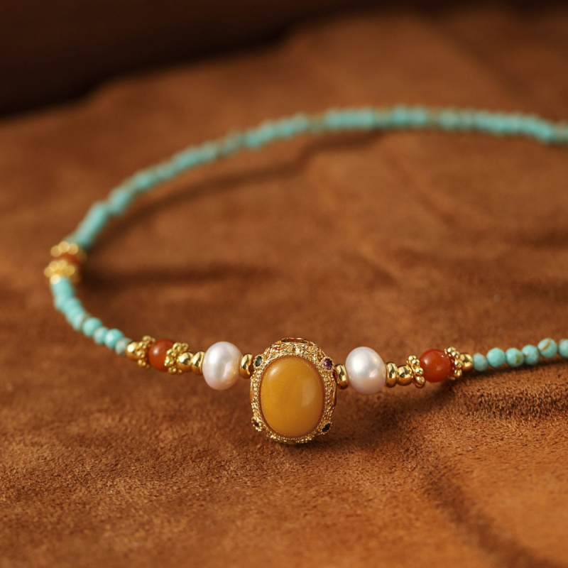 新着ヴィンテージブルーターコイズと蜜蝋天然淡水パール14Kゴ - Pearl Choker Necklace Vintage のレビューと価格